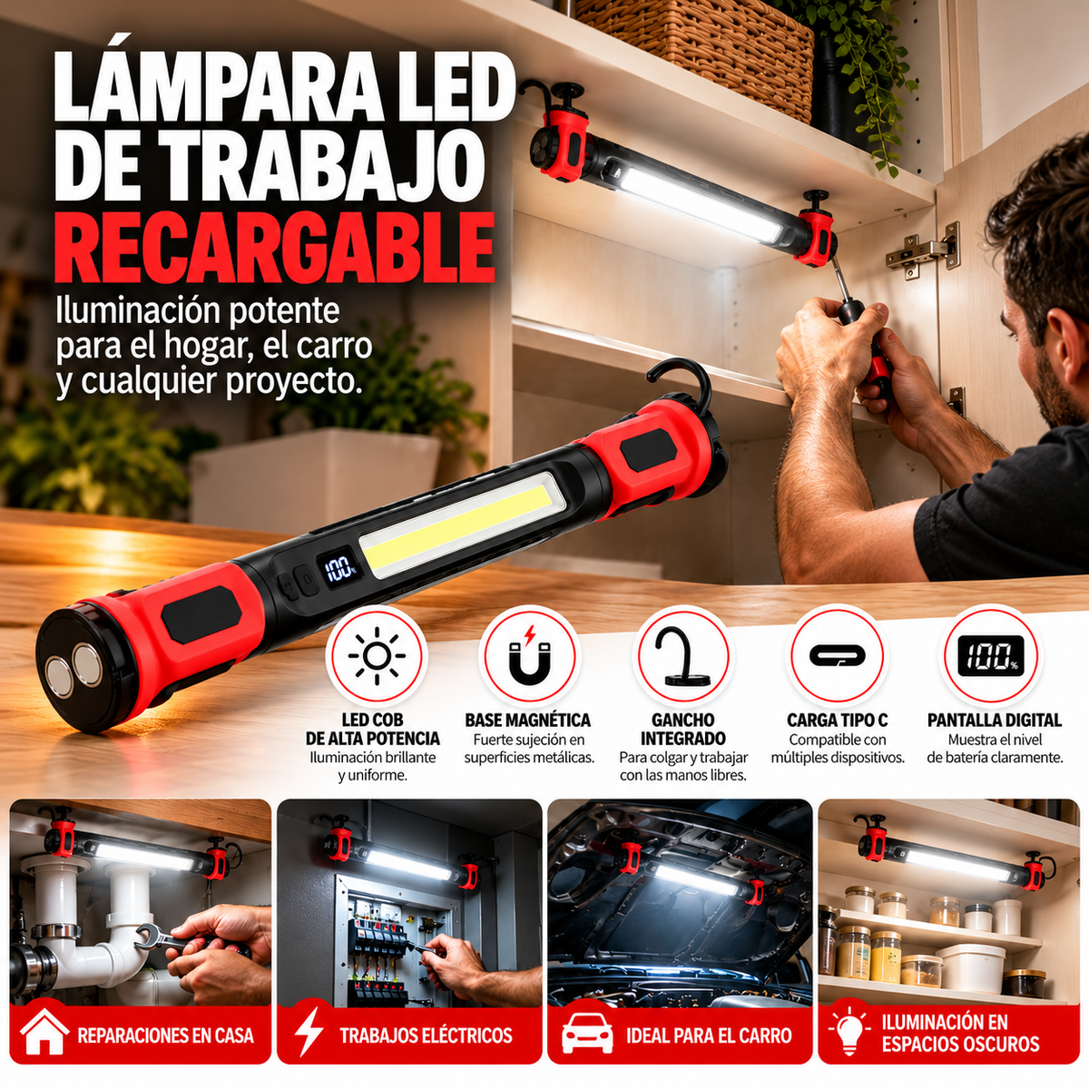 LAMPARA LED COB RECARGABLE 5W CON IMAN Y GANCHO ILUMINACION POTENTE PARA HOGAR Y CARRO