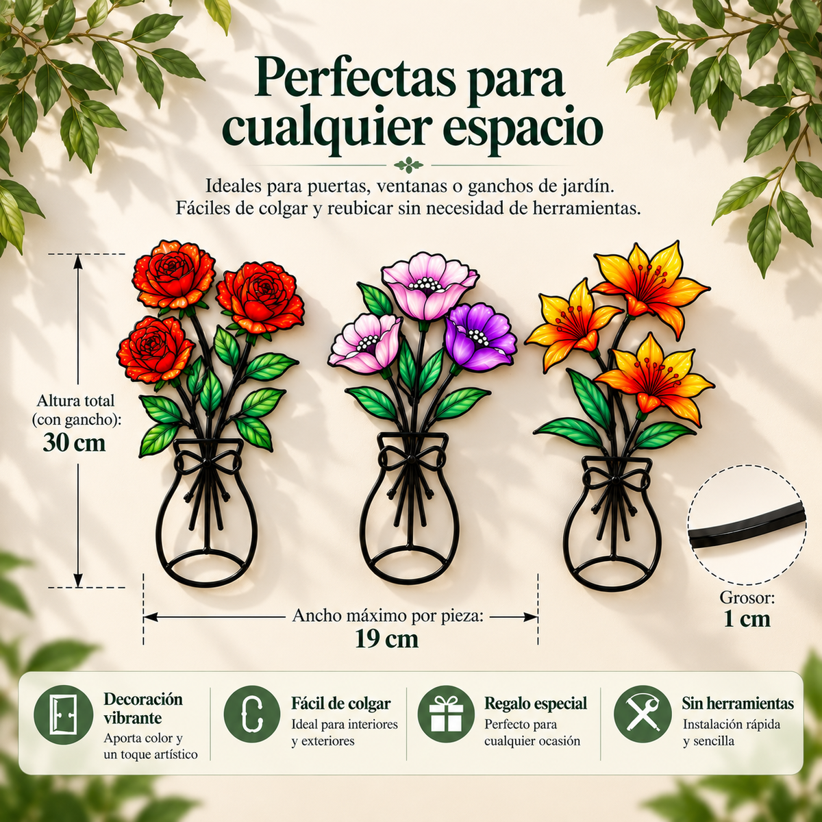 SET X3 FLORES DECORATIVAS DE METAL PARA PARED DISEÑO FLORAL 3D