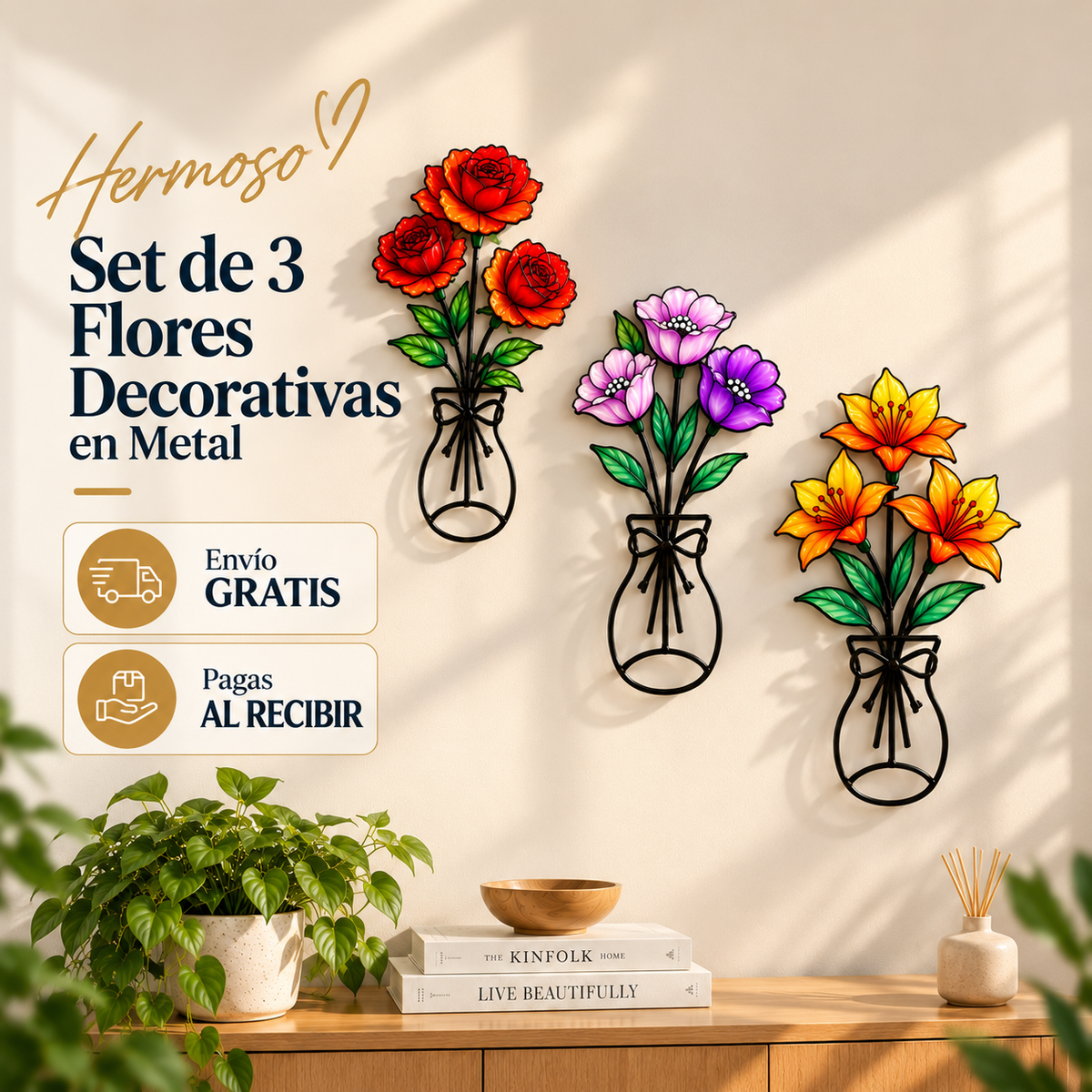 SET X3 FLORES DECORATIVAS DE METAL PARA PARED DISEÑO FLORAL 3D