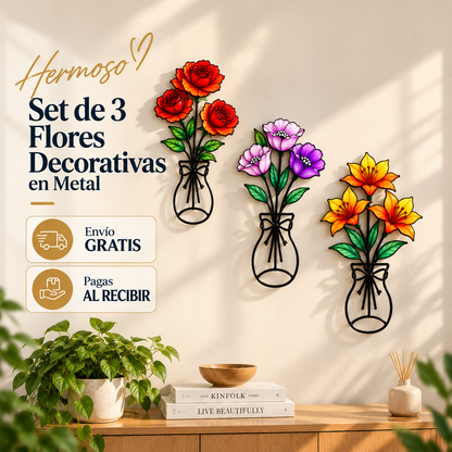 SET X3 FLORES DECORATIVAS DE METAL PARA PARED DISEÑO FLORAL 3D