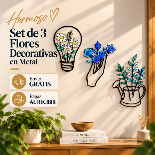 SET X3 FLORES DECORATIVAS 3D DE METAL